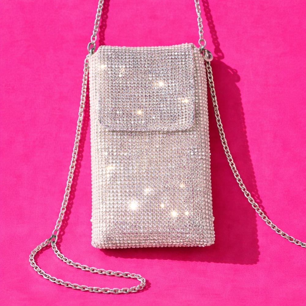 Rhinestone Phone Crossbody Bag Sparkly Diamond Crystal Mini Purse Silver Evenin - Picture 3 of 10